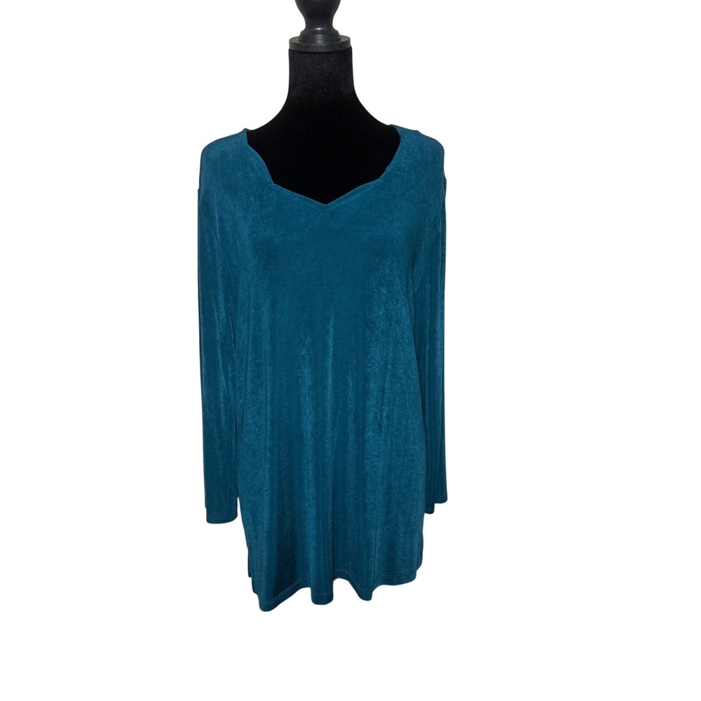Chicos Travelers Teal Blue Slinky Knit V-Neck Tunic Top Long Sleeve Size 2 Large - Picture 1 of 5